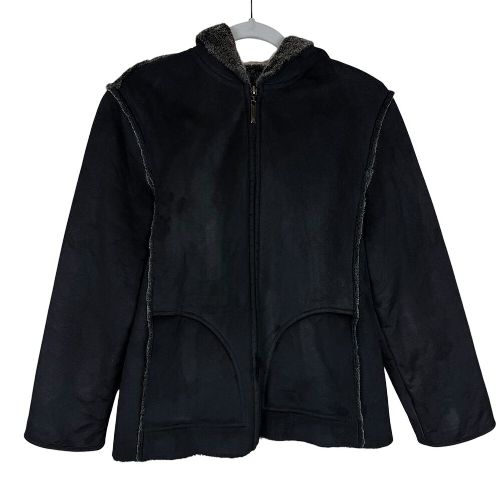 Aeros Suede Jacket‎ Women Small Black Lined Pockets Long Sleeve Full Zip Hooded